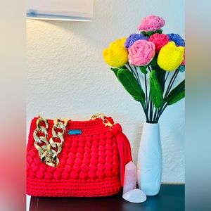 Unique design t-shirt yarn crochet bag. Elegant knitting bag with Red color